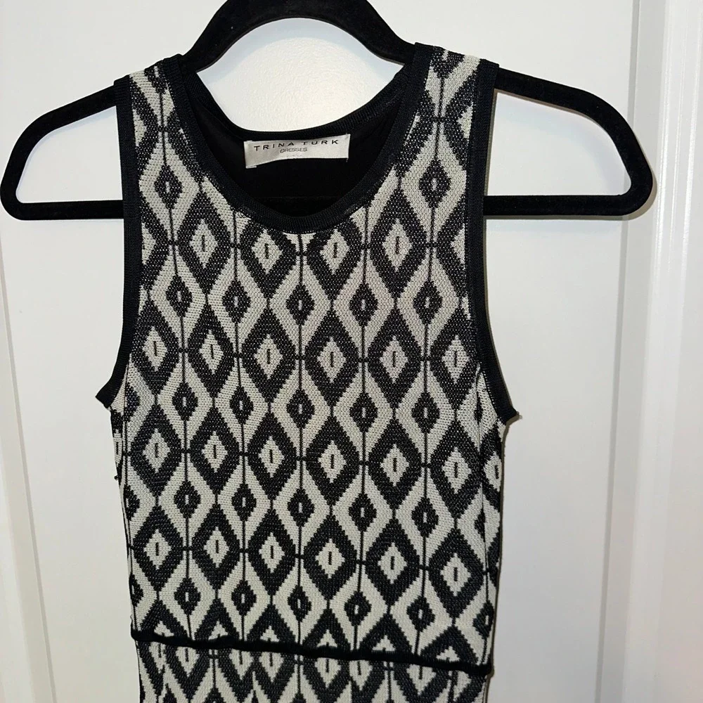 Trina Turk‎ Womens Black White Geometric Diamond Knit Fit Flare Sleeveless Dress